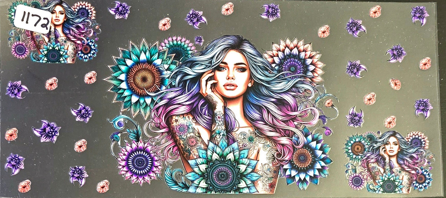 #1172  Woman with purple hair and floral motifs