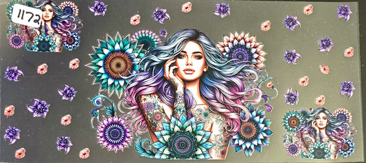 #1172  Woman with purple hair and floral motifs