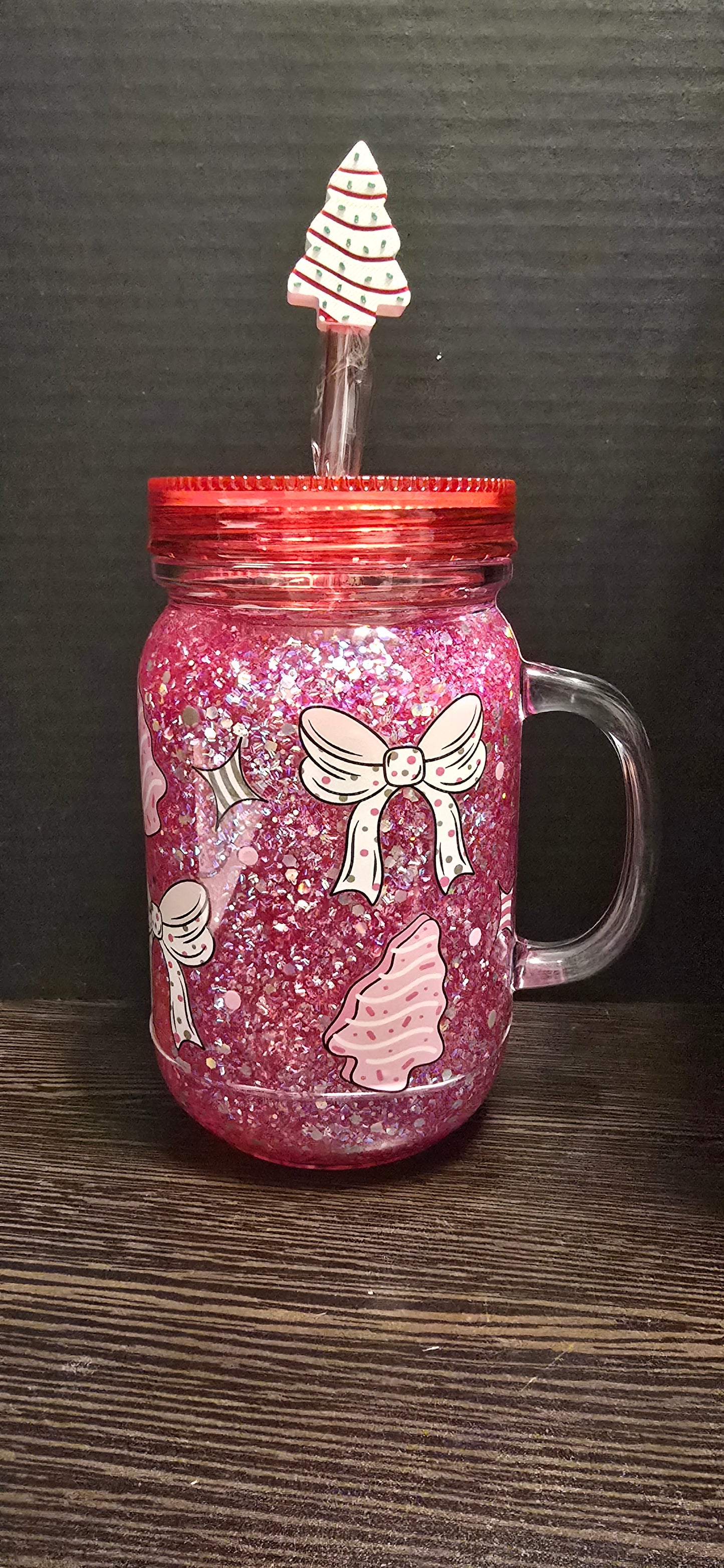 Christmas Tree Cake Mason Jar w/Straw Topper