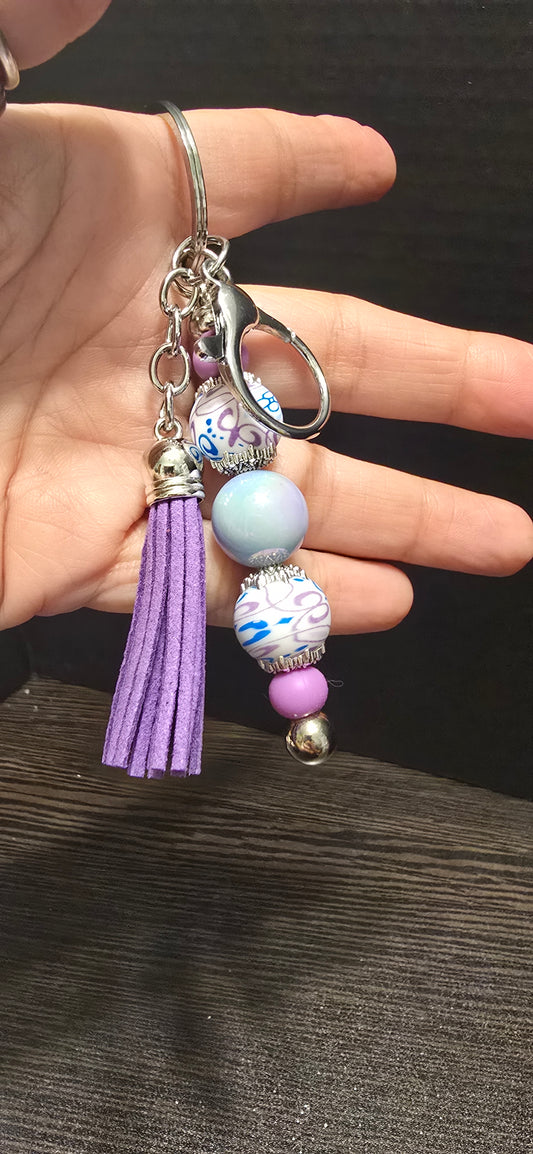 Ready to ship keychains-Lavender design beads and Tassel