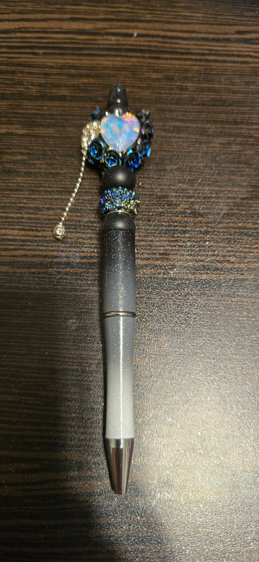 Gradient black & white shimmer pen with blue rose topper