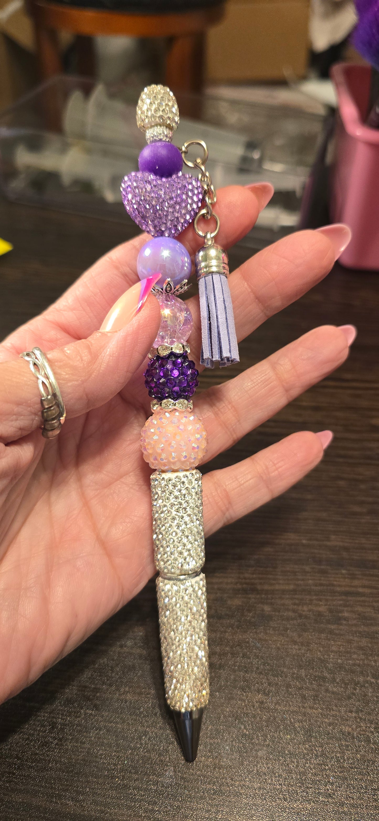 Silver Rhinestone pen with Purple rhinestone heart bead