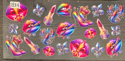 #1334 Rainbow colored high heels, crowns, lips, and fleur-de-lis