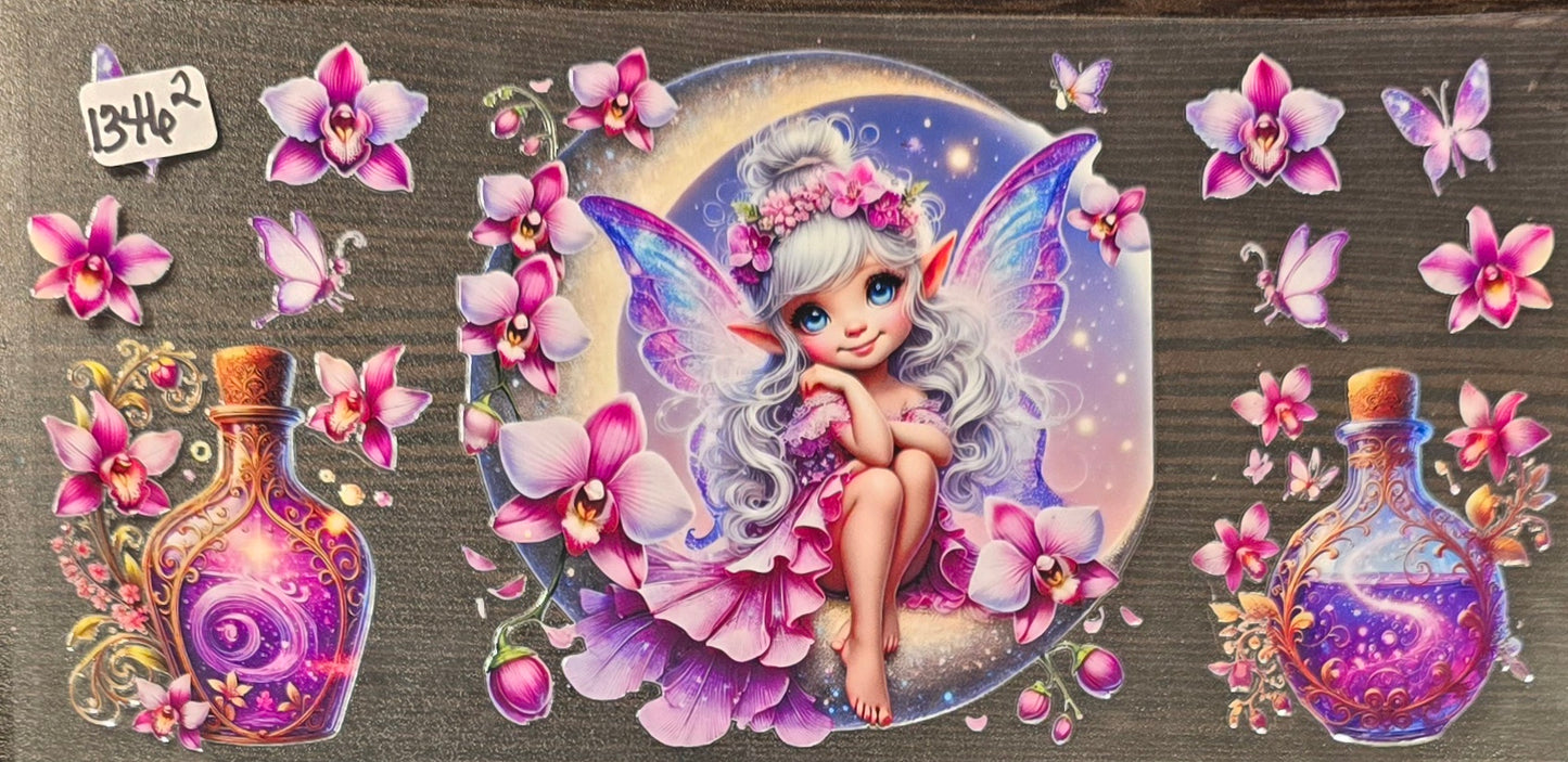 #1346-2 Fairy seated within a crescent moon and Orchids