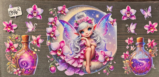 #1346-2 Fairy seated within a crescent moon and Orchids